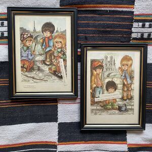Vintage 1968 C’est Paris Set Of 2 Big Eyes Framed Prints By Lisa Boy. France.
